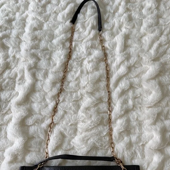 Tory Burch Black Pebbled Leather Tote with Gold Logo & Chain Straps - Picture 8 of 9